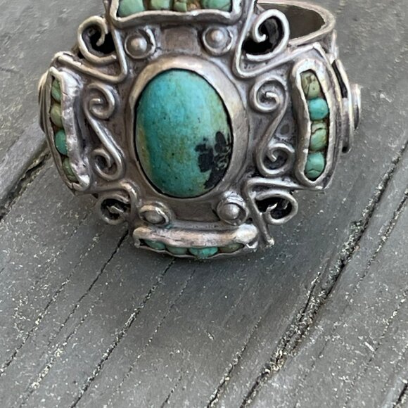 Vintage Sterling Silver Turquoise Ring Handmade Intricate Design Size 8 Boho Ch - Picture 9 of 11